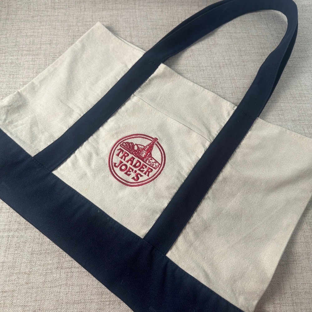 Trader Joe's Canvas Boat Tote Bag Navy & Natural‎ Embroidered Logo